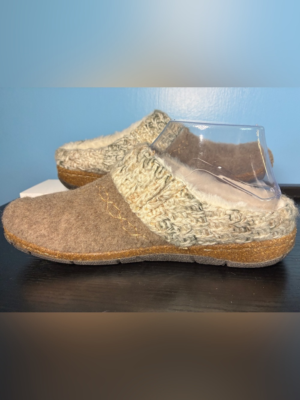 Earth Origins Knit-Cuff Wool Slipper Mules in Tan Brown